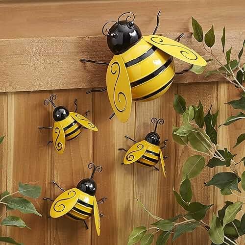 Yungeln Metal Wall Art, 4PCS Metal Bumble Bee Wall Decor, 3D Iron Bee Art Sculpture Hanging Wall Decorations for Outdoor Home Garden - Product Image