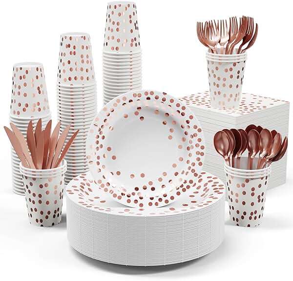 White and Rose Gold Party Supplies - 350 PCS Disposable Dinnerware Set - White Paper Plates Napkins Cups, Gold Plastic Forks Knives Spoon for Graduation, Birthday, Thanksgiving, Cocktail Party - Image 1