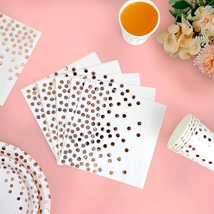 White and Rose Gold Party Supplies - 350 PCS Disposable Dinnerware Set - White Paper Plates Napkins Cups, Gold Plastic Forks Knives Spoon for Graduation, Birthday, Thanksgiving, Cocktail Party - Image 2