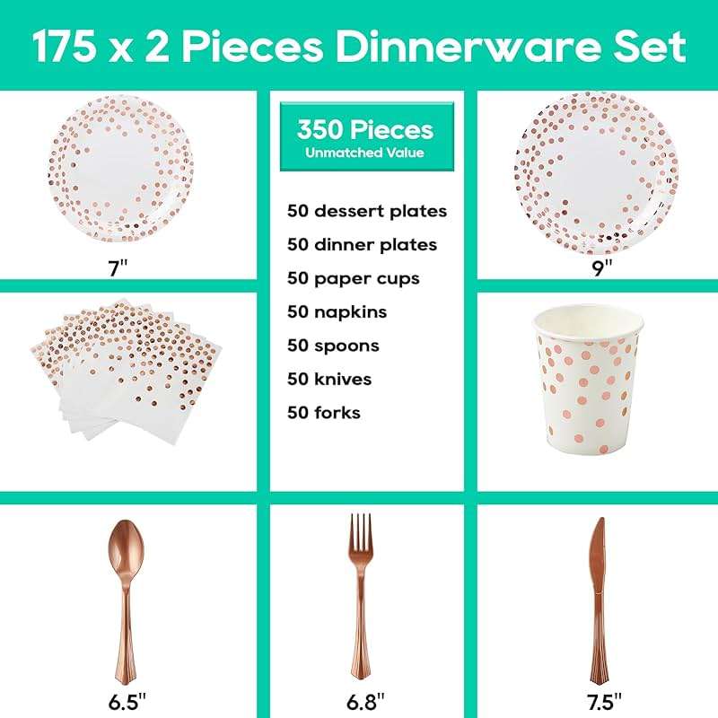 White and Rose Gold Party Supplies - 350 PCS Disposable Dinnerware Set - White Paper Plates Napkins Cups, Gold Plastic Forks Knives Spoon for Graduation, Birthday, Thanksgiving, Cocktail Party - Image 3