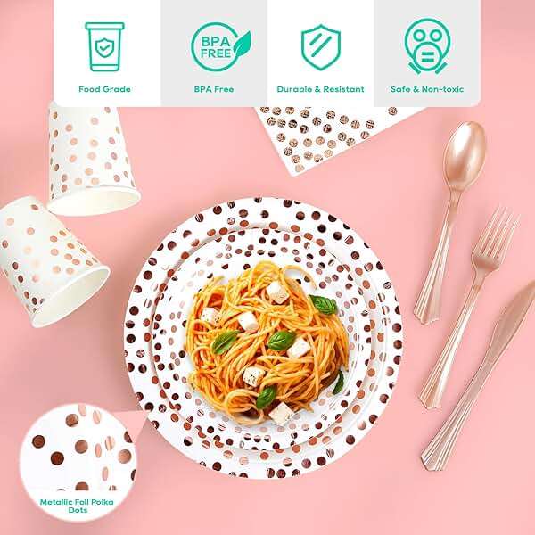 White and Rose Gold Party Supplies - 350 PCS Disposable Dinnerware Set - White Paper Plates Napkins Cups, Gold Plastic Forks Knives Spoon for Graduation, Birthday, Thanksgiving, Cocktail Party - Image 4