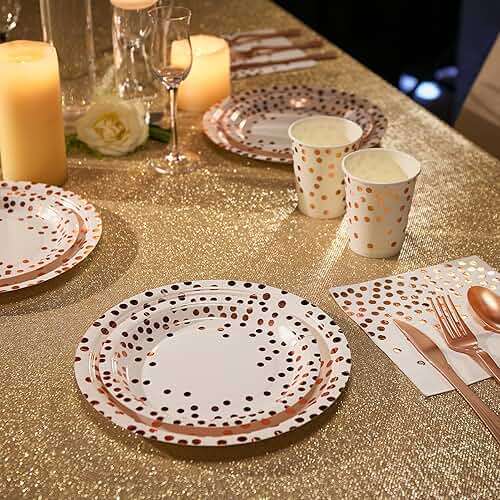 White and Rose Gold Party Supplies - 350 PCS Disposable Dinnerware Set - White Paper Plates Napkins Cups, Gold Plastic Forks Knives Spoon for Graduation, Birthday, Thanksgiving, Cocktail Party - Image 5
