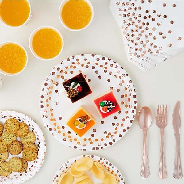 White and Rose Gold Party Supplies - 350 PCS Disposable Dinnerware Set - White Paper Plates Napkins Cups, Gold Plastic Forks Knives Spoon for Graduation, Birthday, Thanksgiving, Cocktail Party - Image 6