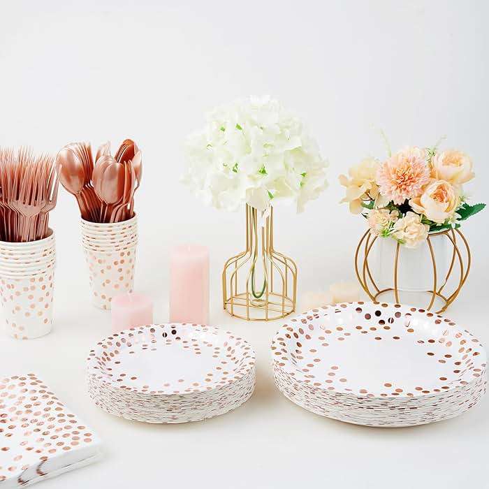 White and Rose Gold Party Supplies - 350 PCS Disposable Dinnerware Set - White Paper Plates Napkins Cups, Gold Plastic Forks Knives Spoon for Graduation, Birthday, Thanksgiving, Cocktail Party - Image 7