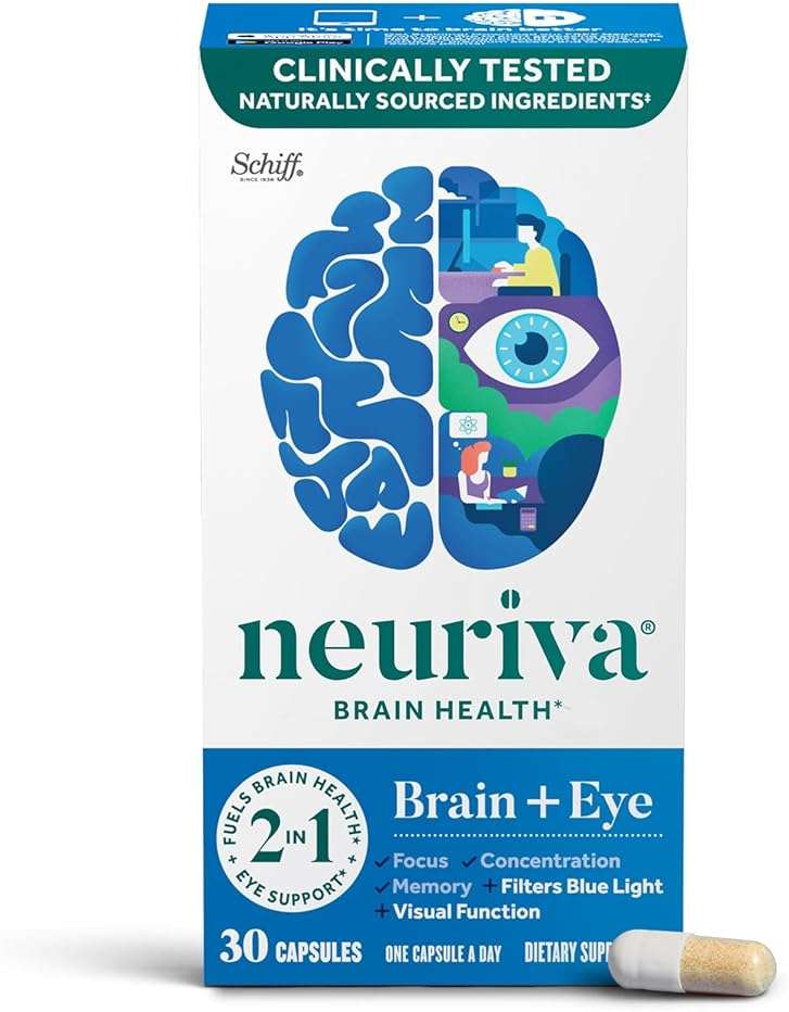 NEURIVA Brain + Eye Supplements for Memory and Focus, Lutemax, Zinc, Vitamin C, Vitamin E & Vitamin A for Eye Health & Zeaxanthin to Filter Blue Light, 30 Count Capsules - Image 1