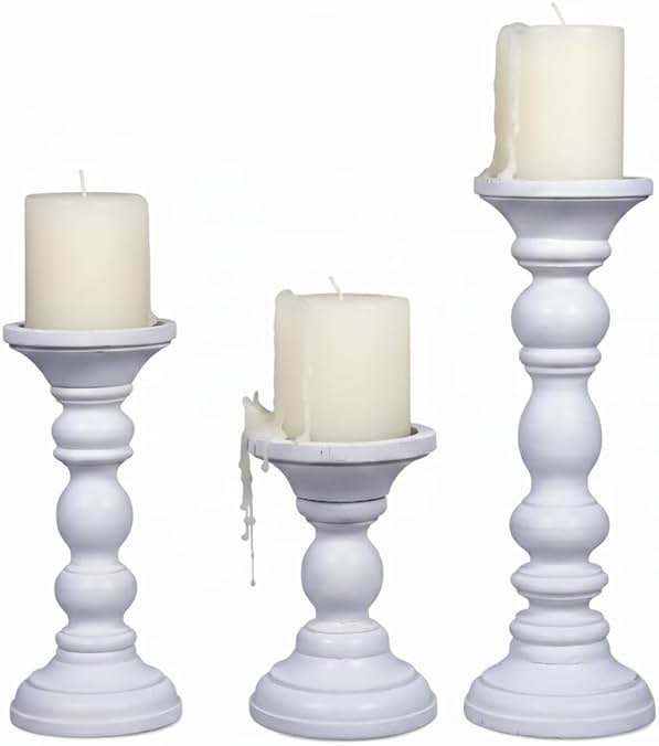 Mela Artisans 6”, 9” & 12” Mango Wood Pillar Candle Holder Set of 3 – Willow Design Matte White – Wooden Candle Holders for Table, Mantel & Living Room Décor - Product Image