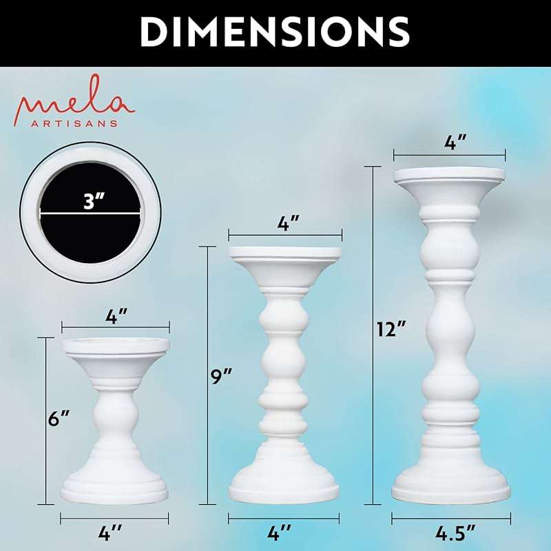 Mela Artisans 6”, 9” & 12” Mango Wood Pillar Candle Holder Set of 3 – Willow Design Matte White – Wooden Candle Holders for Table, Mantel & Living Room Décor - Image 3