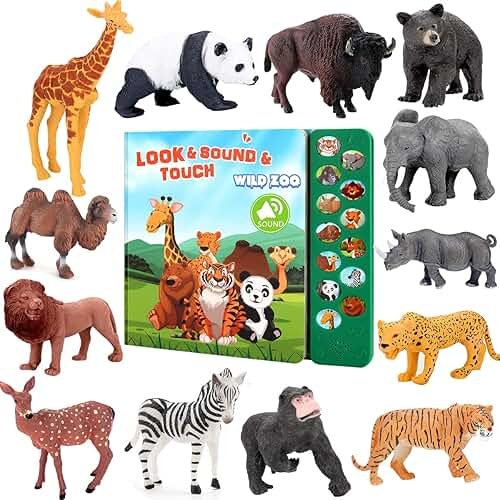 Tudoccy Safari Animals Figures Toys - 13 Realistic Wild Plastic Animal Figurines & Kids Sound Book - Educational Learning Toys Gift for 3 Years Old & Up Boys Girls Toddlers - Product Image