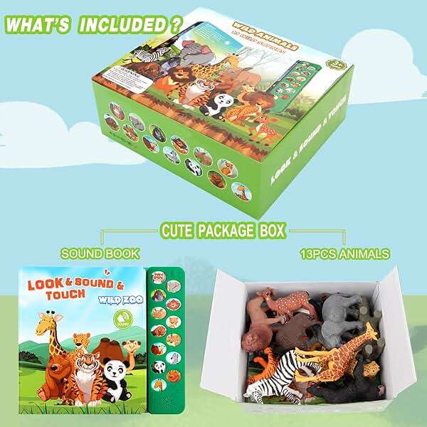 Tudoccy Safari Animals Figures Toys - 13 Realistic Wild Plastic Animal Figurines & Kids Sound Book - Educational Learning Toys Gift for 3 Years Old & Up Boys Girls Toddlers - Image 3