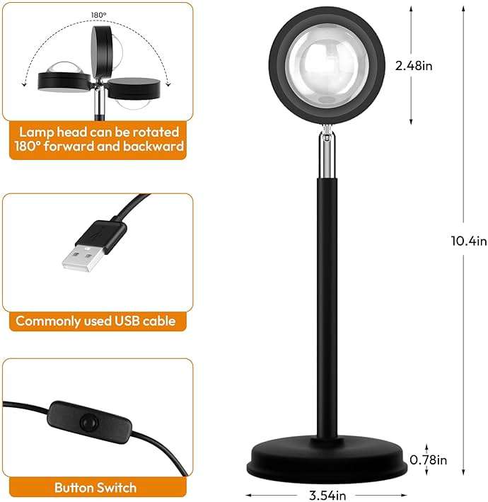 Tsrarey Sunset Lamp Projector,180 Degree Rotation Sun Projection Light Led Night Light Floor Lamp with USB Port,Sunset Lamps for Photography Party Bedroom Decor - Image 3