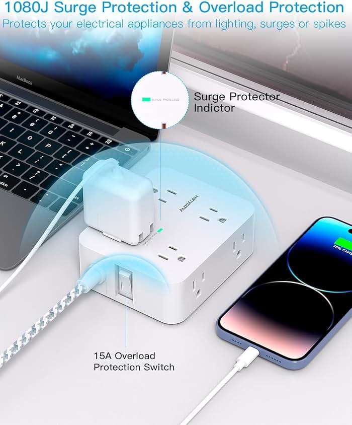 Surge Protector Power Strip - HANYCONY 8 Outlets 4 USB (2 USB C) Charging Ports, Multi Plug Outlet Extender, 5Ft Braided Extension Cord, Flat Plug Wall Mount Desk Charging Station for Home Office ETL - Image 3