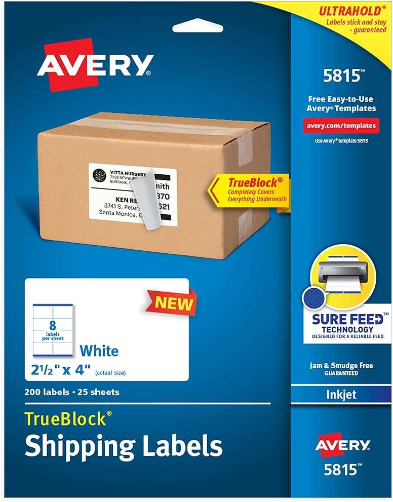 Avery Printable Blank Shipping Labels, 2.5" x 4", White, 200 Labels, Inkjet Printer, Permanent Adhesive (5815) - Image 1