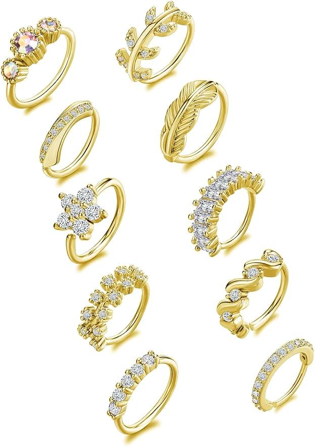 Tornito 10Pcs Nose Ring Hoop Paved Flower Leaf Feather CZ Cartilage Earrings Nose Piercing Jewelry for Women Men Silver Gold Rose Gold Tone 20G - Product Image