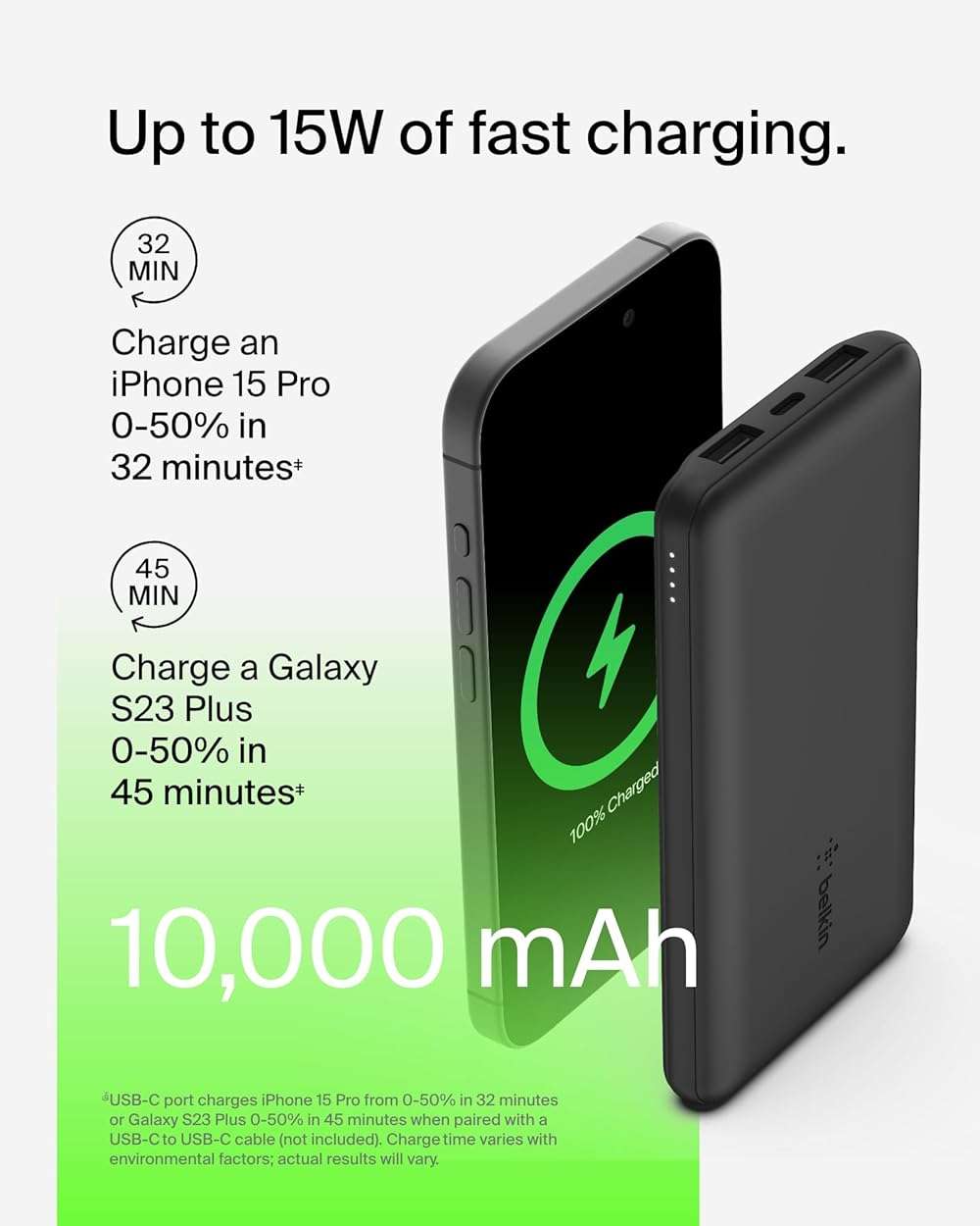 Belkin Portable Charger - 15W 3 Port Power Bank Battery Pack with 10000mAh Battery - Fast Charging for iPhone, Samsung Phone, More - USB C to A Cable Included - Image 7