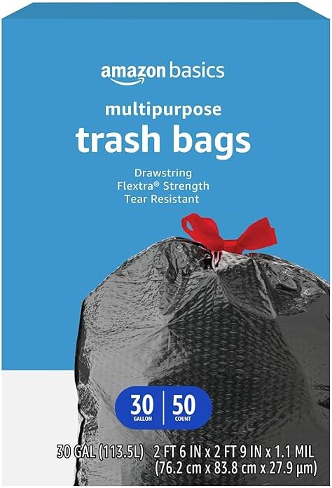 Amazon Basics Flextra Multipurpose Drawstring Trash Bags, 30 Gallon, 50 Count, Tear Resistant - Product Image