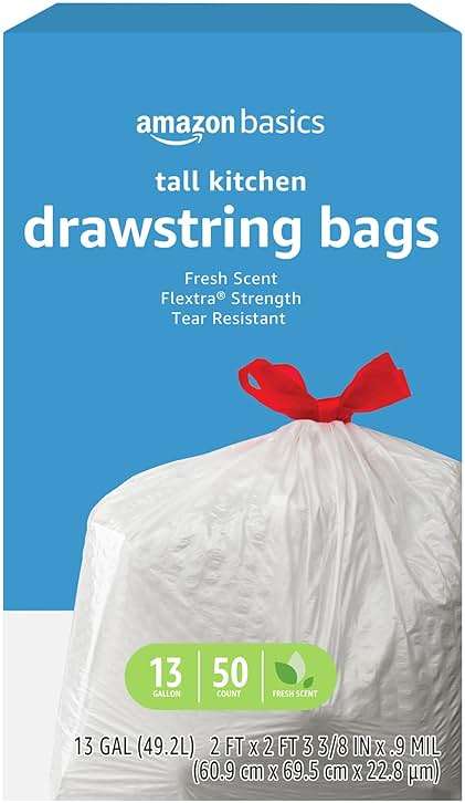Amazon Basics Flextra Tall Kitchen Drawstring Trash Bags, Fresh Scent, Tear Resistant, 13 Gallon, 50 Count, Pack of 1 - Image 1