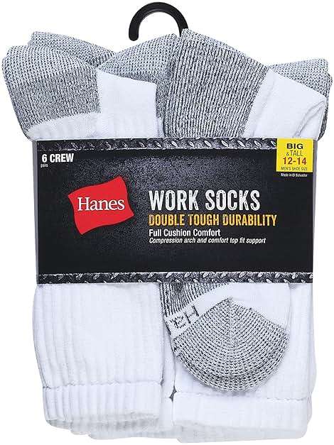 Hanes Men's Work Socks, Cushioned Crew Socks, Moisture-wicking Socks & Odor Control, Black & White, 6 & 12 Pack Available - Image 2