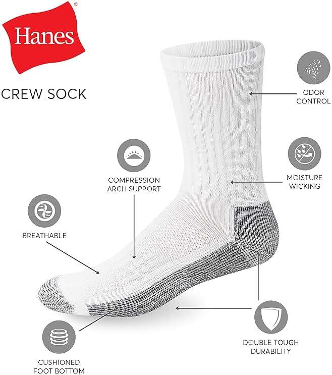 Hanes Men's Work Socks, Cushioned Crew Socks, Moisture-wicking Socks & Odor Control, Black & White, 6 & 12 Pack Available - Image 3