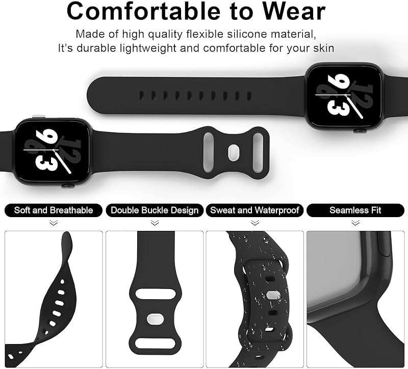 Sport Band Compatible with Apple Watch 38mm 40mm 41mm 42mm 44mm 45mm 46mm 49mm, Replacement Soft Silicone Strap Wristbands for iWatch Series 11/10/9/8/7/6/5/4/3/2/1 Ultra SE Women Men, Black - Image 3