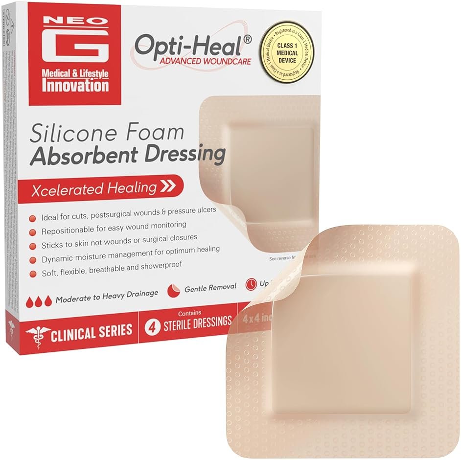 Neo G Opti-Heal Silicone Foam Dressing with Border - Absorbent, Adhesive Foam Wound Dressing for Cuts, Ulcers, Diabetic Wound, Bedsore Wound Care, Burns, Surgical - Island Dressing 4x4-4 Pcs - Product Image