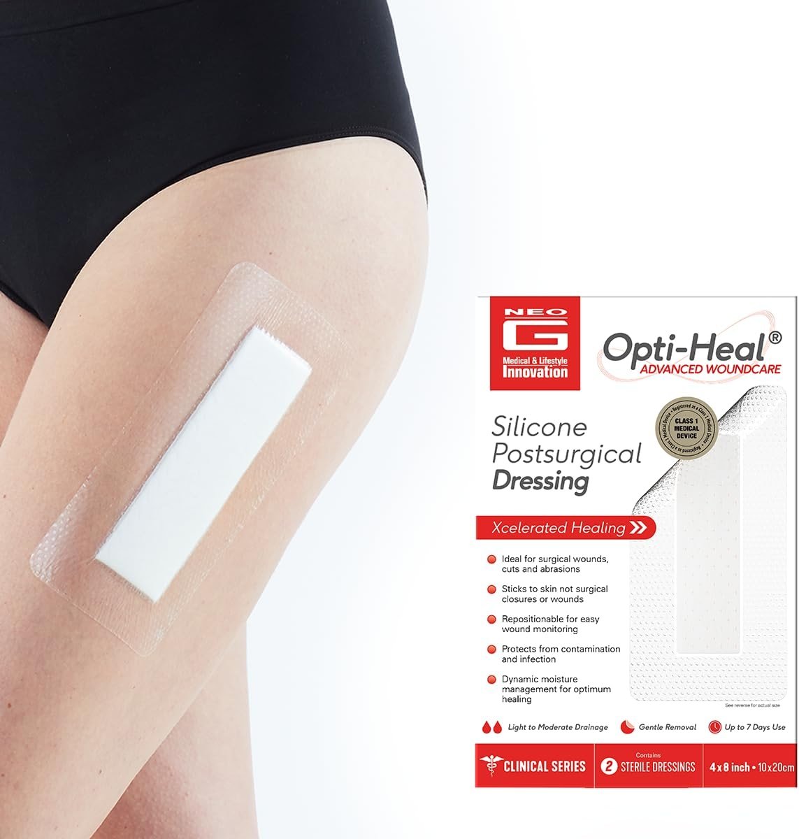 Neo G Opti-Heal Silicone Surgical Dressing – Sterile Adhesive Bandages for Surgical Wounds, Cuts, Abrasions - Absorbent Barrier Island Dressing 4x8 - Waterproof Bandages Post Surgical- 2 Pack - Product Image