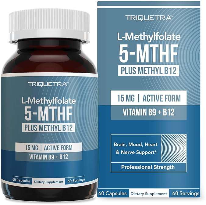 L Methyl Folate 15mg Plus Methyl B12 Cofactor – High Potency, Active 5-MTHF Form - Supports Mood, Methylation, Cognition – Bioactive Forms of Vitamin B9 & B12 (60 Capsules – 60 Servings) - Image 1