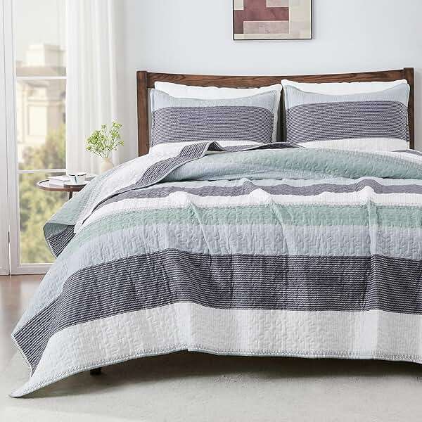 Andency Queen Quilt Bedding Set Sage Green, 3 Pieces Patchwork Mint Green Striped Ultra Soft Lightweight Bedspreads, Coverlets Set with 2 Pillow Shams for All Seasons (90"x96") - Image 1