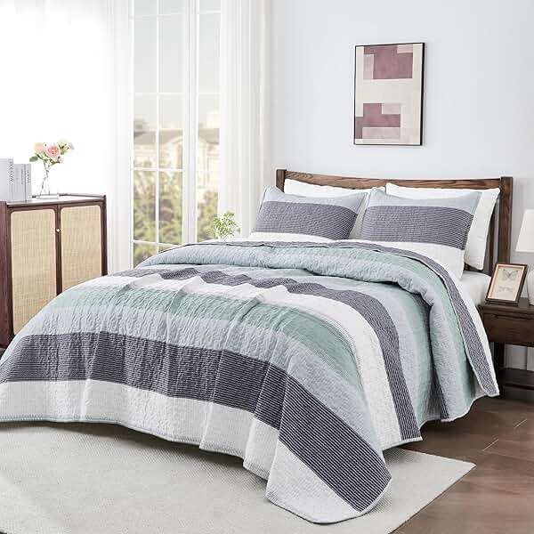 Andency Queen Quilt Bedding Set Sage Green, 3 Pieces Patchwork Mint Green Striped Ultra Soft Lightweight Bedspreads, Coverlets Set with 2 Pillow Shams for All Seasons (90"x96") - Image 6