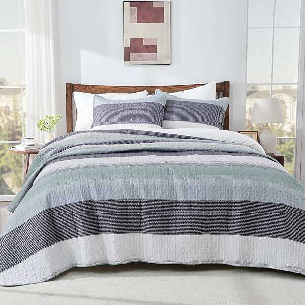 Andency Queen Quilt Bedding Set Sage Green, 3 Pieces Patchwork Mint Green Striped Ultra Soft Lightweight Bedspreads, Coverlets Set with 2 Pillow Shams for All Seasons (90"x96") - Image 8