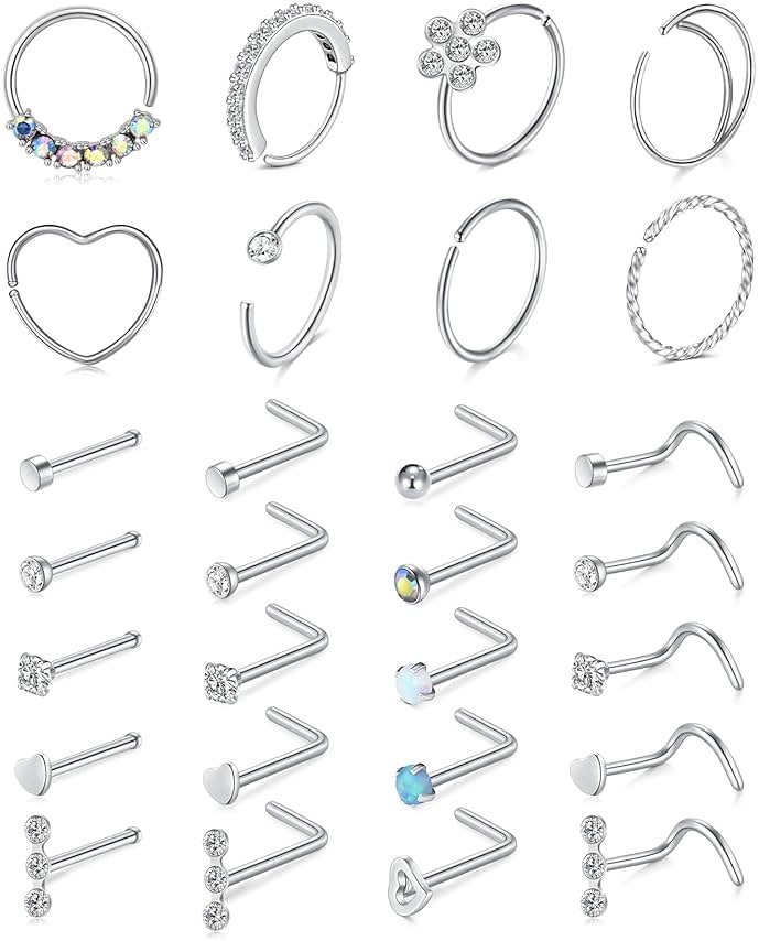 Mayhoop 20g Nose Rings Hoops And Studs For Women Men - Hypoallergenic 316L Surgical Stainless Steel L Shape Nose Screw Bone Silver Rose Gold Black Rainbow Pack 28Pcs - Product Image