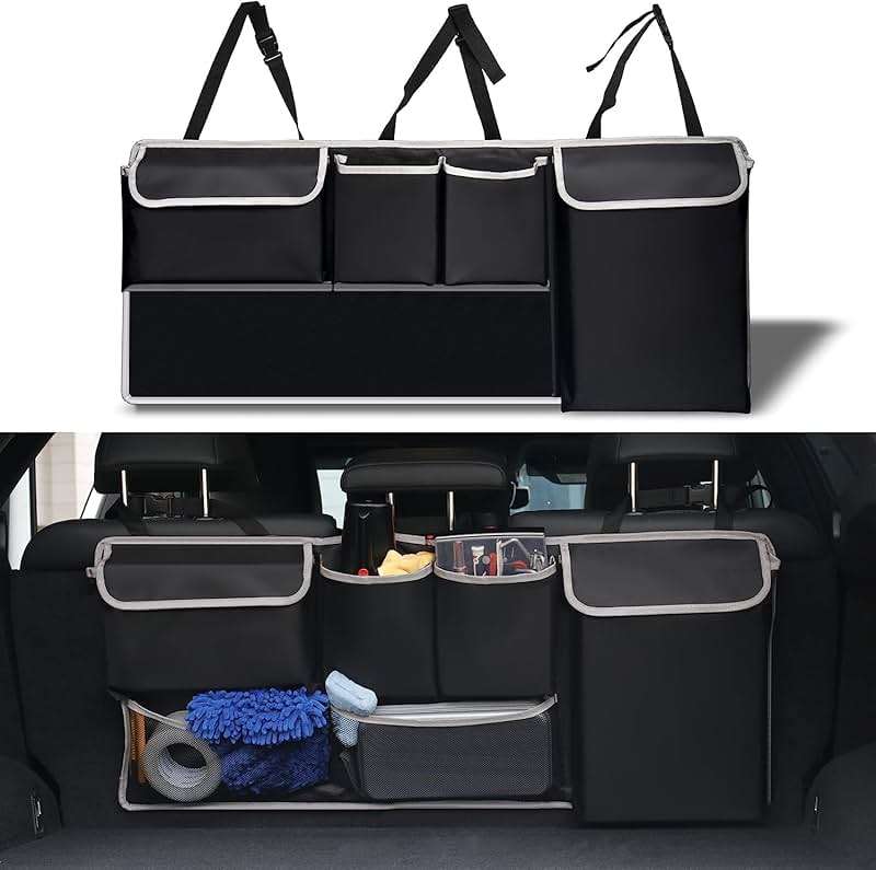 UYYE Trunk Hanging Organizer, Backseat Bag, Car Interior Accessories with 4 Pockets & 2 Mesh Pouches for Groceries, Will Provide More Storage Trunk Space for SUV, Jeep, MPVs - Image 1