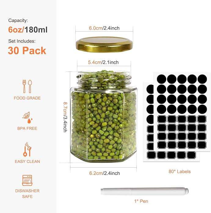 Betrome 30 Pack 6oz Hexagon Glass Jars with Gold Lids, 180ml Clear Glass Canning Jars Honey Jars Spice Jars Mason Jars for Jams, Shower Favors, Wedding Favors, Craft, 1 Pen and Labels Included - Image 3