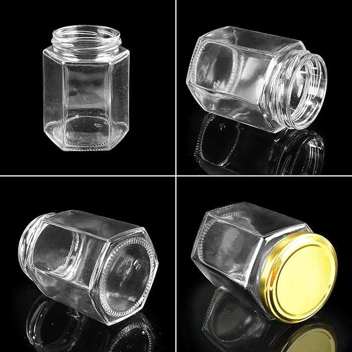 Betrome 30 Pack 6oz Hexagon Glass Jars with Gold Lids, 180ml Clear Glass Canning Jars Honey Jars Spice Jars Mason Jars for Jams, Shower Favors, Wedding Favors, Craft, 1 Pen and Labels Included - Image 4