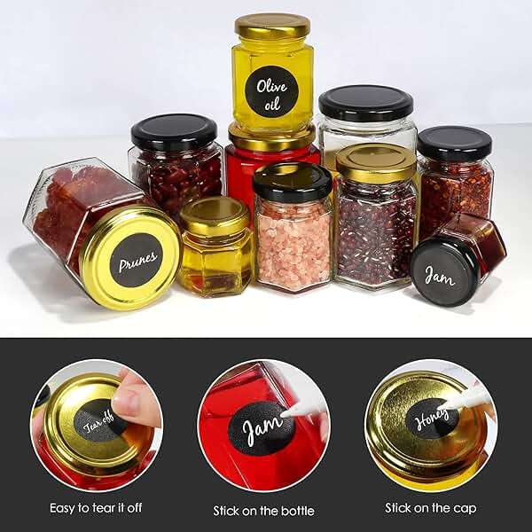 Betrome 30 Pack 6oz Hexagon Glass Jars with Gold Lids, 180ml Clear Glass Canning Jars Honey Jars Spice Jars Mason Jars for Jams, Shower Favors, Wedding Favors, Craft, 1 Pen and Labels Included - Image 5