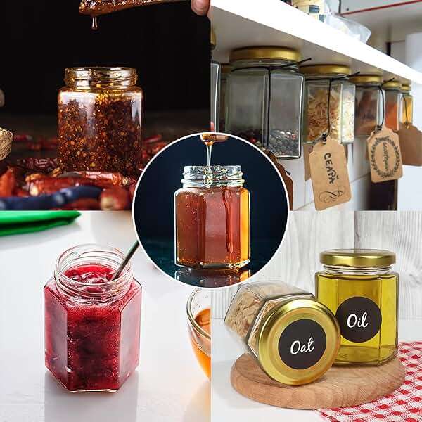 Betrome 30 Pack 6oz Hexagon Glass Jars with Gold Lids, 180ml Clear Glass Canning Jars Honey Jars Spice Jars Mason Jars for Jams, Shower Favors, Wedding Favors, Craft, 1 Pen and Labels Included - Image 6