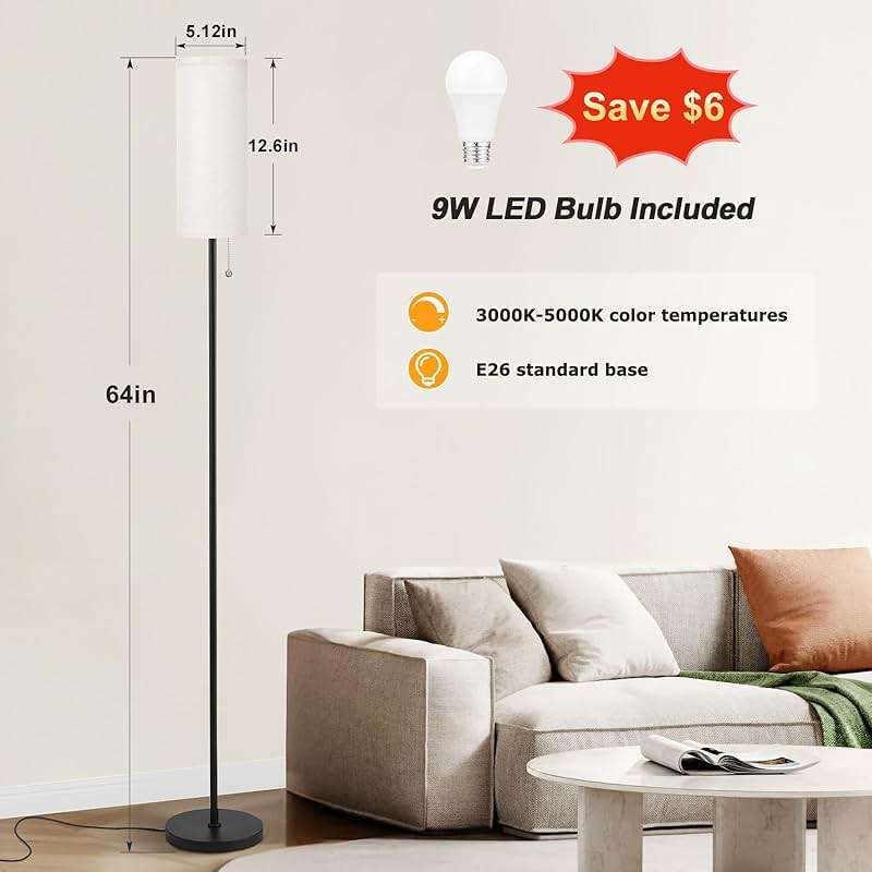 Ambimall 64'' Floor Lamp for Living Room with Bulb, 3 Color Temperature, Tall Lamps with Beige Lampshade & Pull Chain Switch, Pole Lamps Suitable for Bedrooms Study, Minimalist Floor Lamp - Image 2