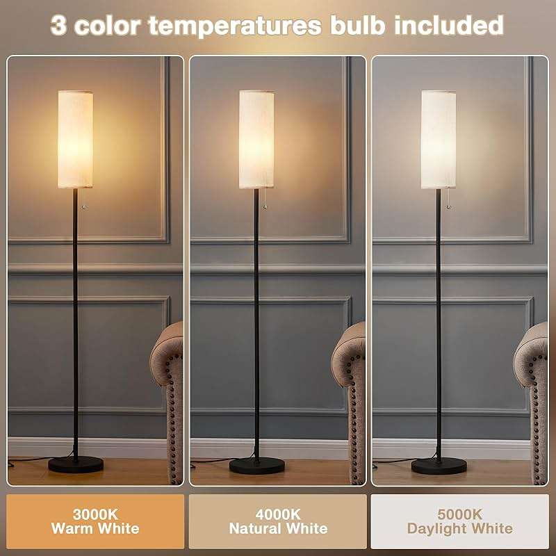 Ambimall 64'' Floor Lamp for Living Room with Bulb, 3 Color Temperature, Tall Lamps with Beige Lampshade & Pull Chain Switch, Pole Lamps Suitable for Bedrooms Study, Minimalist Floor Lamp - Image 3