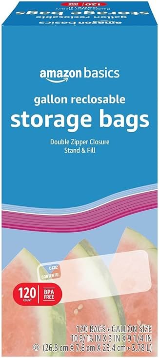 Amazon Basics Reclosable Gallon Food Storage Bags with Double Zipper Seal, Stand and Fill Base, BPA Free, 120 Count - Product Image
