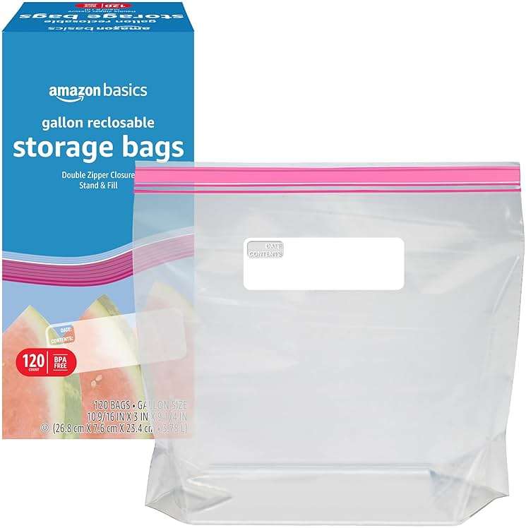 Amazon Basics Reclosable Gallon Food Storage Bags with Double Zipper Seal, Stand and Fill Base, BPA Free, 120 Count - Image 3
