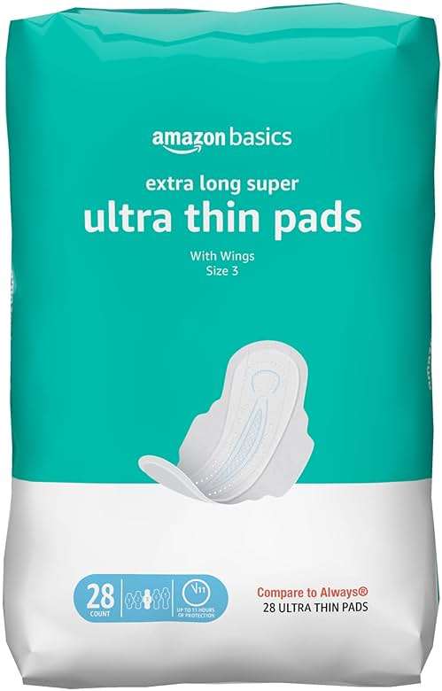 Amazon Basics Ultra Thin Pads with Flexi-Wings for Periods, Extra Long Length, Super Absorbency, Leak Protection, Unscented, Size 3, 28 Count - Image 1