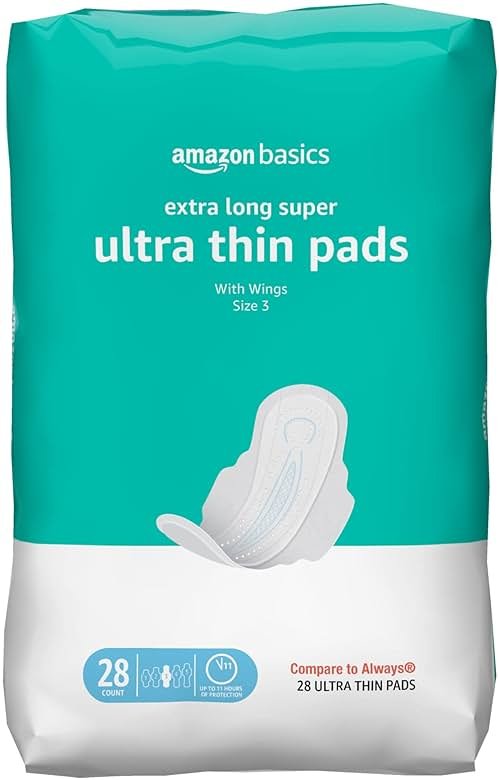 Amazon Basics Ultra Thin Pads with Flexi-Wings for Periods, Extra Long Length, Super Absorbency, Leak Protection, Unscented, Size 3, 28 Count - Product Image