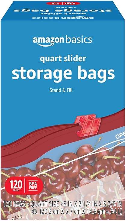 Amazon Basics Slider Quart Food Storage Bags with Stand-Up Bottom, Easy to Fill, BPA Free, 120 Count (Previously Solimo) - Image 1