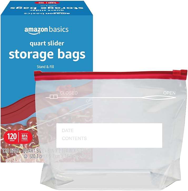 Amazon Basics Slider Quart Food Storage Bags with Stand-Up Bottom, Easy to Fill, BPA Free, 120 Count (Previously Solimo) - Image 3