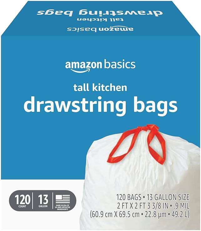 Amazon Basics Tall Kitchen Drawstring Trash Bags, Sturdy and Tear Resistant, 13 Gallon, Unscented, 120 Count - Image 1