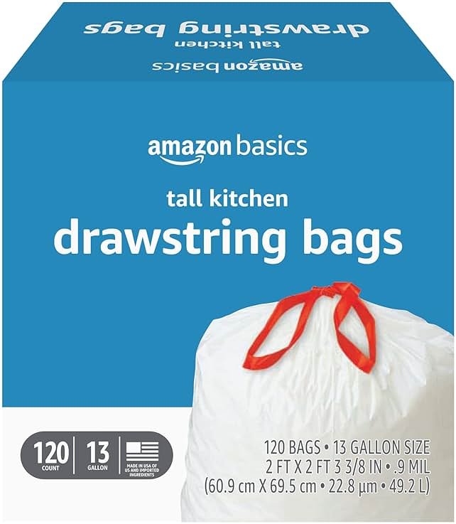 Amazon Basics Tall Kitchen Drawstring Trash Bags, Sturdy and Tear Resistant, 13 Gallon, Unscented, 120 Count - Product Image
