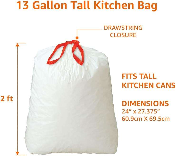 Amazon Basics Tall Kitchen Drawstring Trash Bags, Sturdy and Tear Resistant, 13 Gallon, Unscented, 120 Count - Image 2