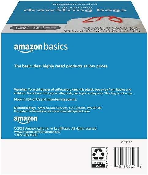 Amazon Basics Tall Kitchen Drawstring Trash Bags, Sturdy and Tear Resistant, 13 Gallon, Unscented, 120 Count - Image 3
