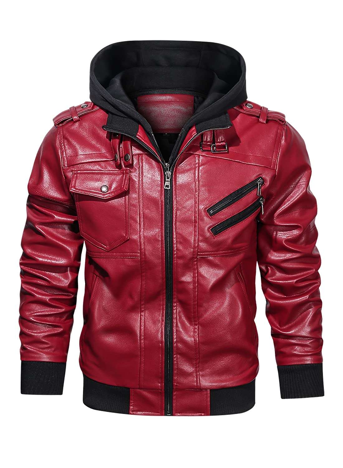 HOOD CREW Men’s Casual Stand Collar PU Faux Leather Zip-Up Motorcycle Bomber Jacket With a Removable Hood - Image 1