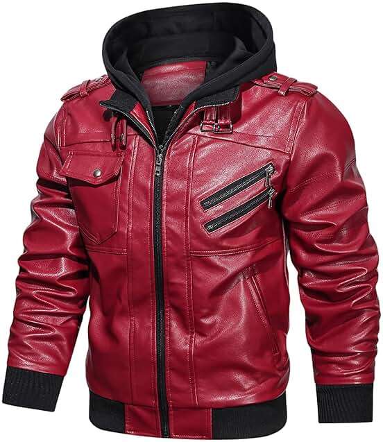 HOOD CREW Men’s Casual Stand Collar PU Faux Leather Zip-Up Motorcycle Bomber Jacket With a Removable Hood - Image 2