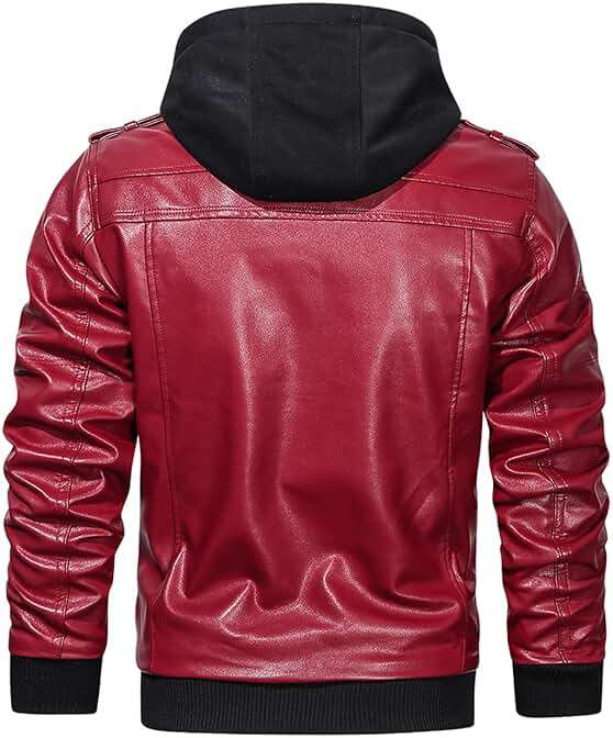 HOOD CREW Men’s Casual Stand Collar PU Faux Leather Zip-Up Motorcycle Bomber Jacket With a Removable Hood - Image 3
